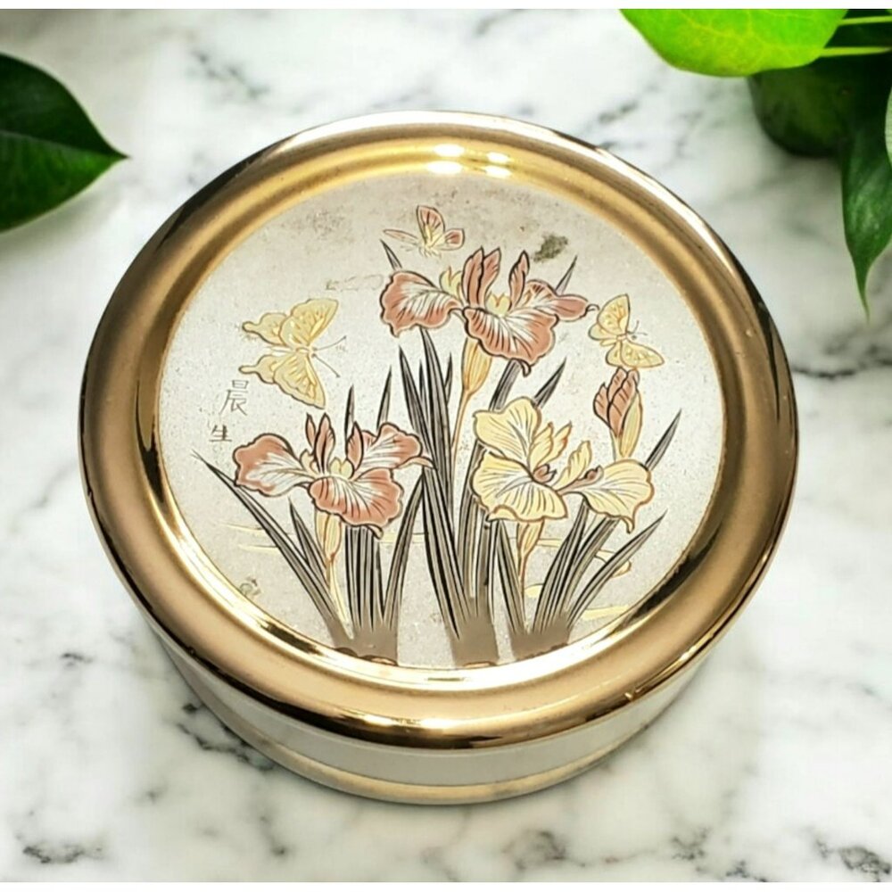 Vintage Chokin Art Trinket Box Floral Butterfly Japan Iris 3.5" 24k Gold Band